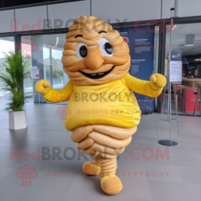 Yellow Croissant mascot costume character dressed with a Jeggings and Hairpins