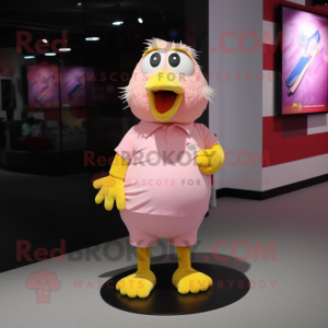 Pink Canary mascot costume character dressed with a Polo Shirt and Shoe laces