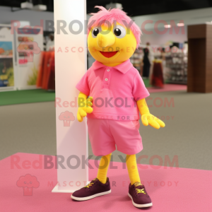 Pink Canary mascot costume character dressed with a Polo Shirt and Shoe laces