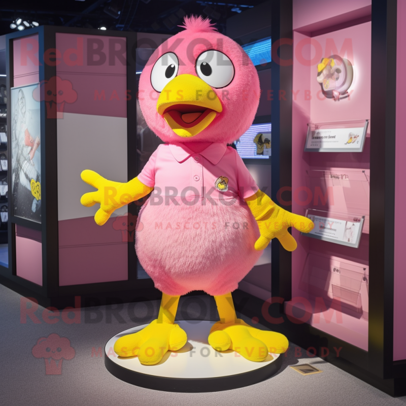 Pink Canary mascot costume character dressed with a Polo Shirt and Shoe laces