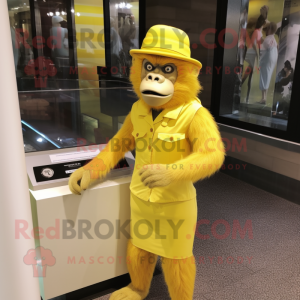 Yellow Gorilla mascot costume character dressed with a Pencil Skirt and Berets