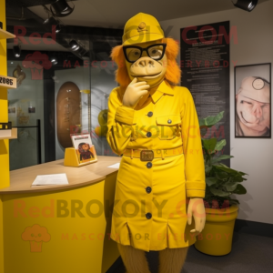 Yellow Gorilla mascot costume character dressed with a Pencil Skirt and Berets