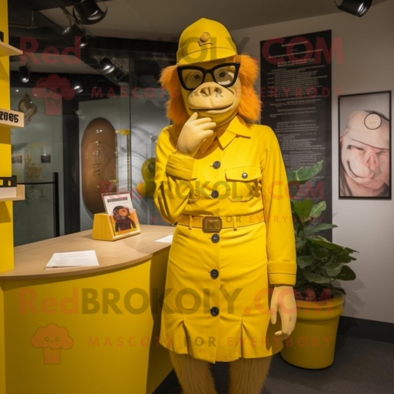 Yellow Gorilla mascot costume character dressed with a Pencil Skirt and Berets Yellow Gorilla mascot costume character dressed with a Pencil Skirt and Berets