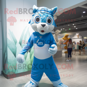 Blue Lynx mascot costume character dressed with a One-Piece Swimsuit and Beanies