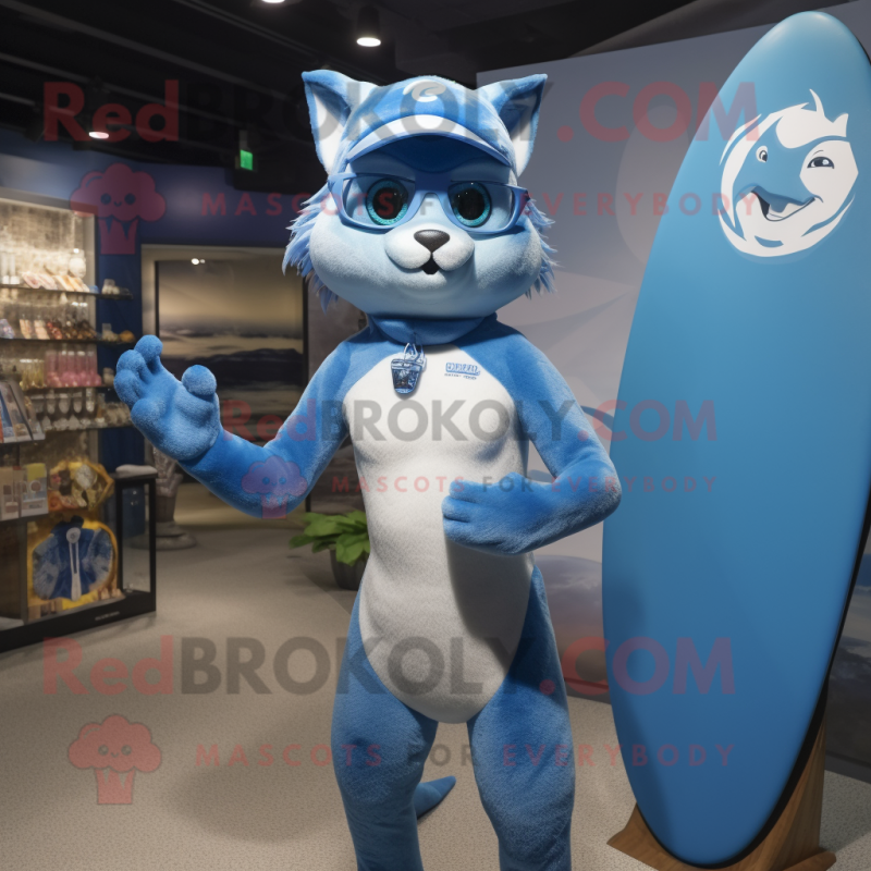 Blue Lynx mascot costume character dressed with a One-Piece Swimsuit and Beanies Blue Lynx mascot costume character dressed with a One-Piece Swimsuit and Beanies