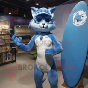 Blue Lynx mascot costume character dressed with a One-Piece Swimsuit and Beanies