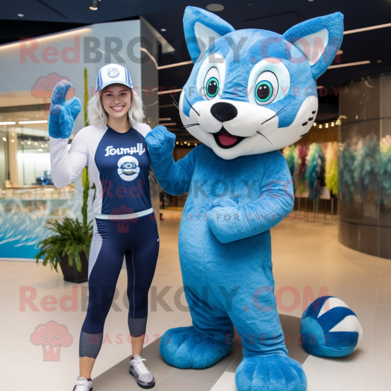 Blue Lynx mascot costume character dressed with a One-Piece Swimsuit and Beanies Blue Lynx mascot costume character dressed with a One-Piece Swimsuit and Beanies