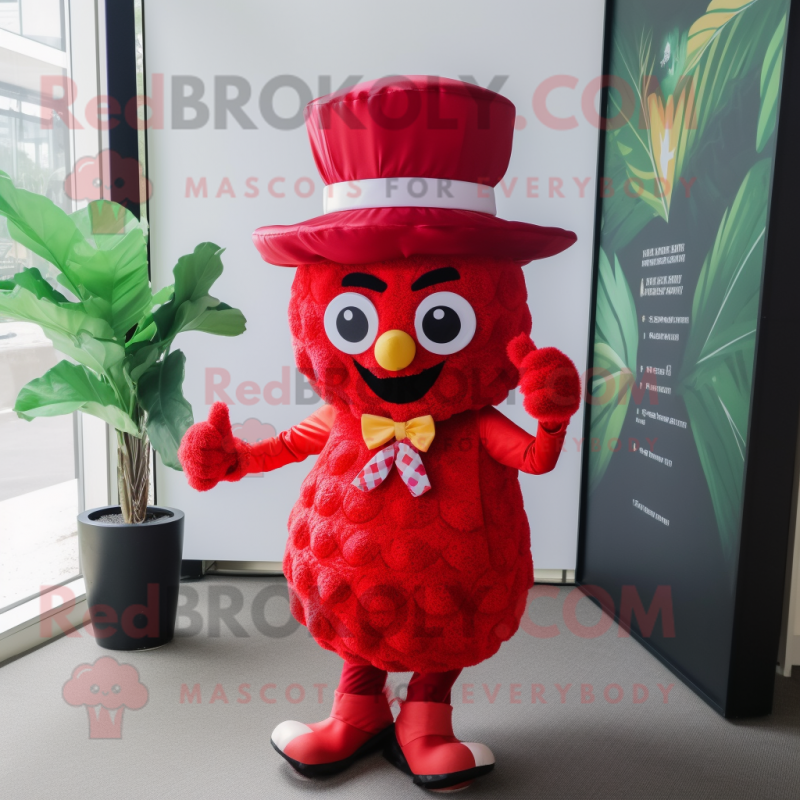 Red Pineapple mascot costume character dressed with a Capri Pants and Hat pins