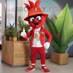 Red Pineapple mascot costume character dressed with a Capri Pants and Hat pins