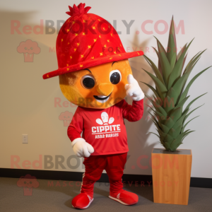 Red Pineapple mascot costume character dressed with a Capri Pants and Hat pins