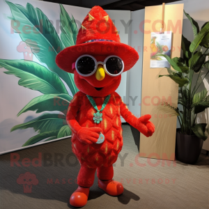 Red Pineapple mascot costume character dressed with a Capri Pants and Hat pins