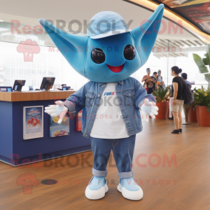 nan Manta Ray mascot costume character dressed with a Denim Shorts and Hats