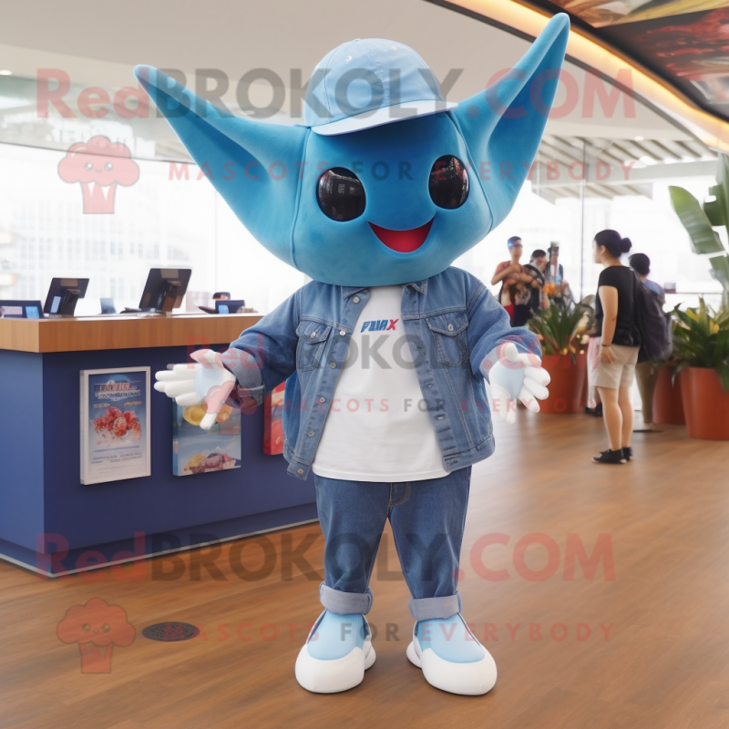 nan Manta Ray mascot costume character dressed with a Denim Shorts and Hats