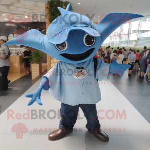 nan Manta Ray mascot costume character dressed with a Denim Shorts and Hats