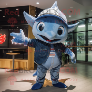 nan Manta Ray mascot costume character dressed with a Denim Shorts and Hats