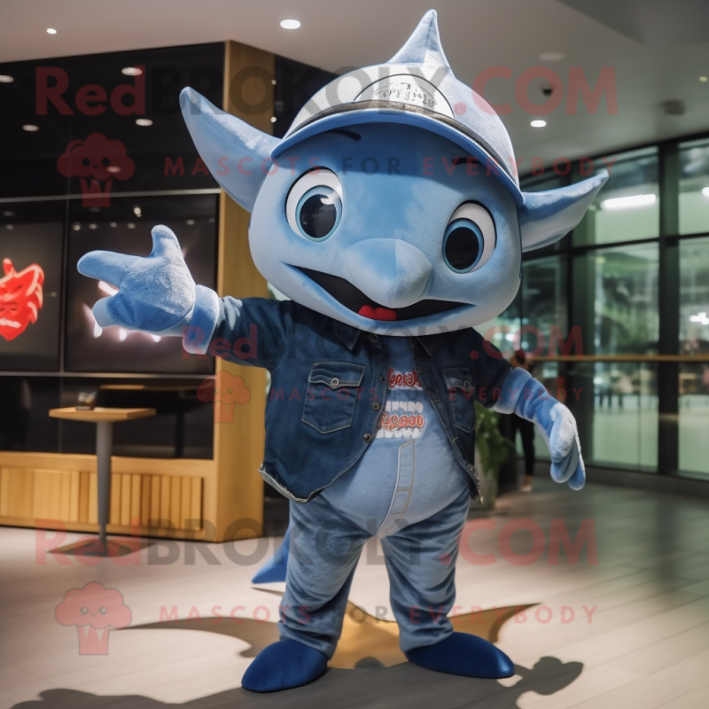 nan Manta Ray mascot costume character dressed with a Denim Shorts and Hats nan Manta Ray mascot costume character dressed with a Denim Shorts and Hats