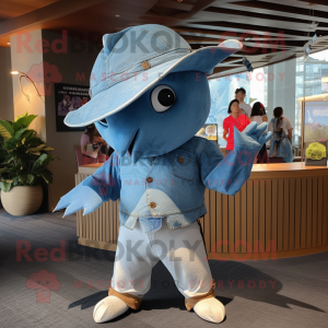 nan Manta Ray mascot costume character dressed with a Denim Shorts and Hats