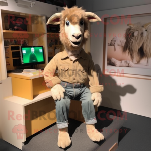 Tan Goat mascot costume character dressed with a Mom Jeans and Shoe laces