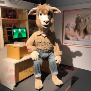 Tan Goat mascot costume character dressed with a Mom Jeans and Shoe laces