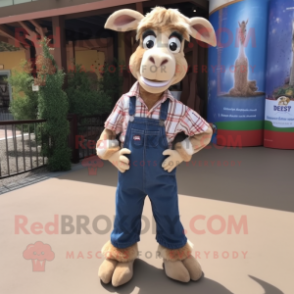 Tan Goat mascot costume character dressed with a Mom Jeans and Shoe laces