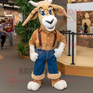 Tan Goat mascot costume character dressed with a Mom Jeans and Shoe laces