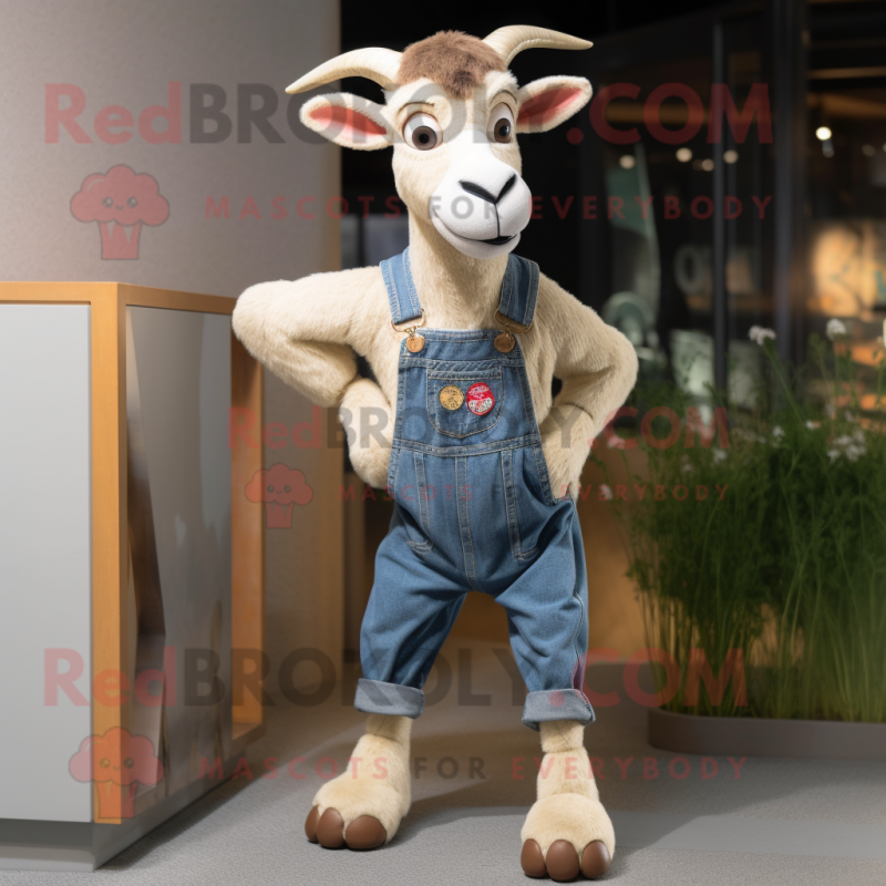 Tan Goat mascot costume character dressed with a Mom Jeans and Shoe laces