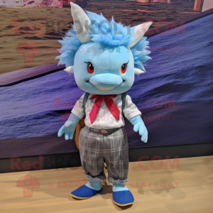 Sky Blue Axolotls mascot costume character dressed with a Flannel Shirt and Hair clips
