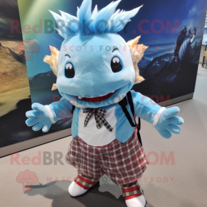 Sky Blue Axolotls mascot costume character dressed with a Flannel Shirt and Hair clips