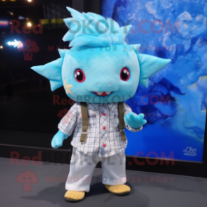 Sky Blue Axolotls mascot costume character dressed with a Flannel Shirt and Hair clips