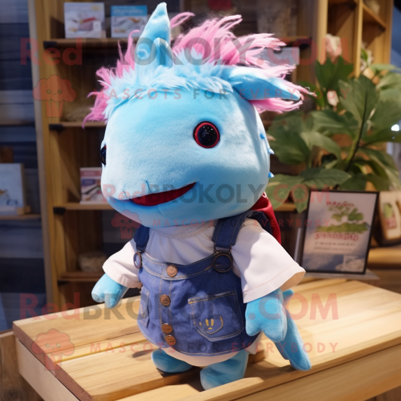 Sky Blue Axolotls mascot costume character dressed with a Flannel Shirt and Hair clips