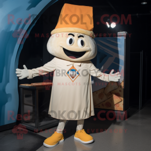 Cream Pizza Slice mascot costume character dressed with a Cover-up and Hat pins