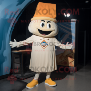 Cream Pizza Slice mascot costume character dressed with a Cover-up and Hat pins