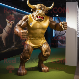 Gold Minotaur mascot costume character dressed with a Rugby Shirt and Foot pads