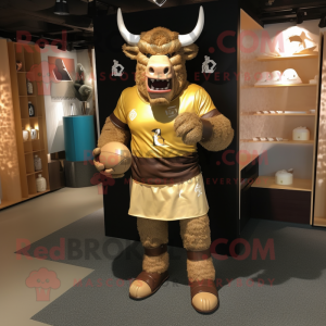 Gold Minotaur mascot costume character dressed with a Rugby Shirt and Foot pads