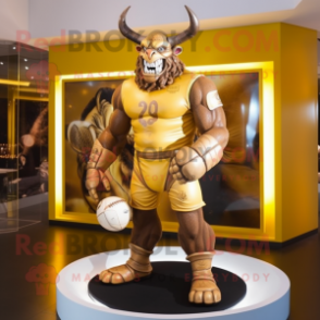 Gold Minotaur mascot costume character dressed with a Rugby Shirt and Foot pads