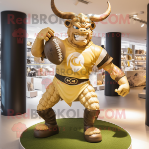 Gold Minotaur mascot costume character dressed with a Rugby Shirt and Foot pads