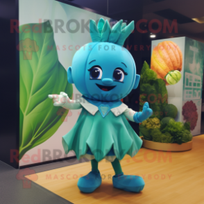 Turquoise Beet mascot costume character dressed with a Mini Skirt and Wraps