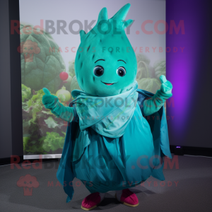 Turquoise Beet mascot costume character dressed with a Mini Skirt and Wraps