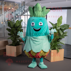 Turquoise Beet mascot costume character dressed with a Mini Skirt and Wraps