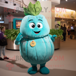 Turquoise Beet mascot costume character dressed with a Mini Skirt and Wraps