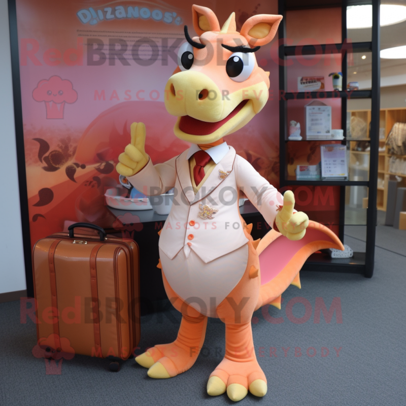 Peach Dragon mascot costume character dressed with a Empire Waist Dress and Briefcases