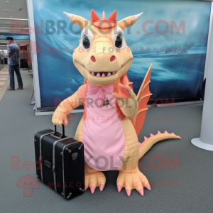 Peach Dragon mascot costume character dressed with a Empire Waist Dress and Briefcases