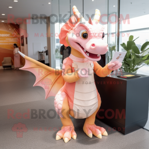 Peach Dragon mascot costume character dressed with a Empire Waist Dress and Briefcases