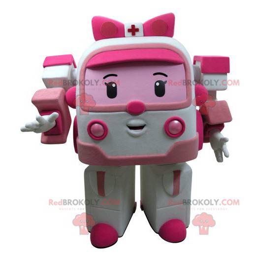 White and pink toy ambulance mascot Transformers way -