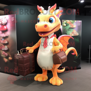 Peach Dragon mascot costume character dressed with a Empire Waist Dress and Briefcases