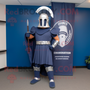 Navy Spartan Soldier mascot costume character dressed with a Empire Waist Dress and Belts