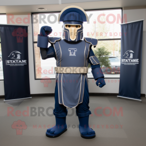 Navy Spartan Soldier mascot costume character dressed with a Empire Waist Dress and Belts