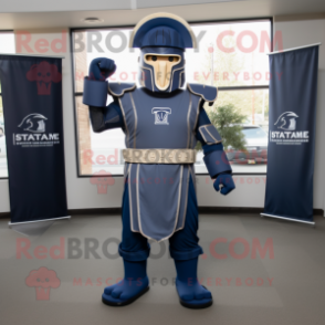 Navy Spartan Soldier mascot costume character dressed with a Empire Waist Dress and Belts