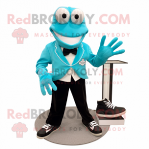 Cyan Crab Cakes mascot costume character dressed with a Tuxedo and Shoe laces