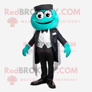 Cyan Crab Cakes mascot costume character dressed with a Tuxedo and Shoe laces